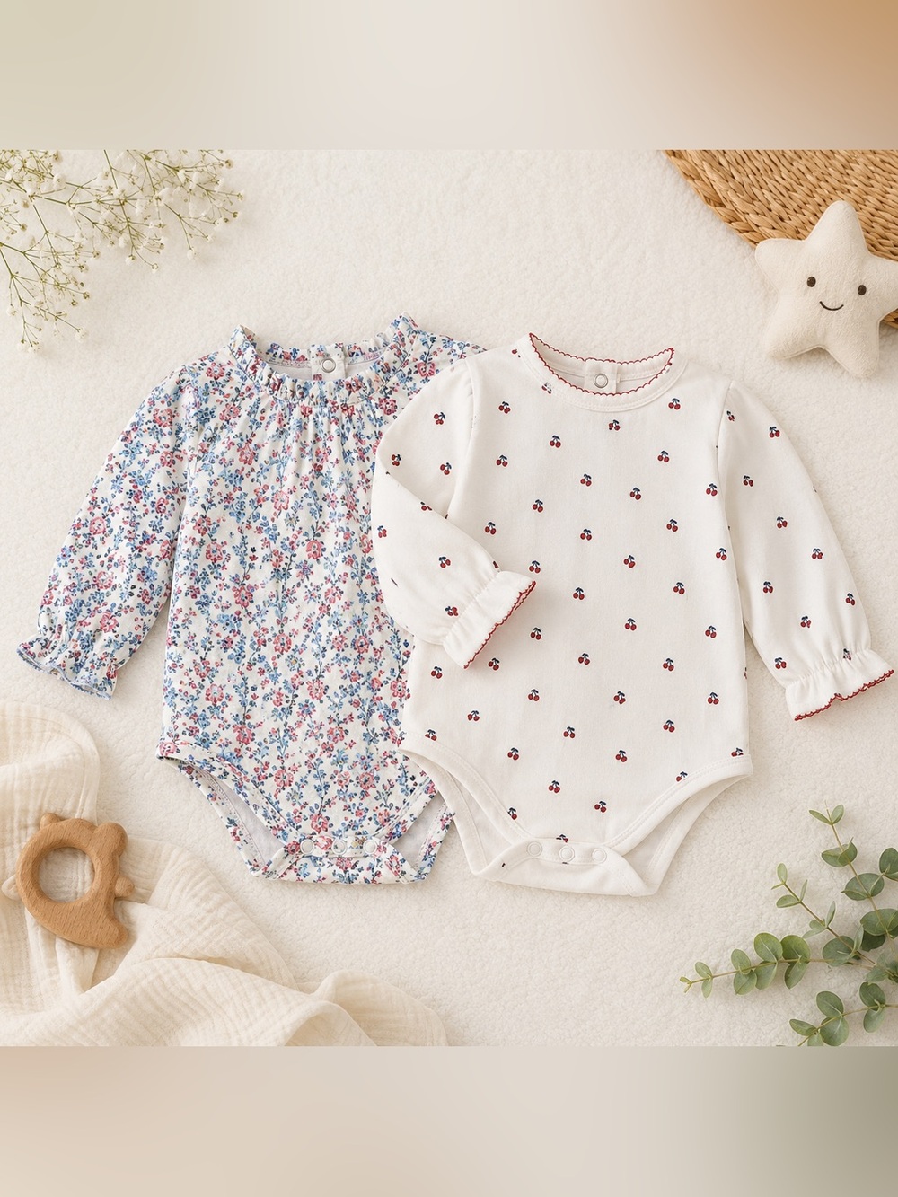 • Janie and Jack • Baby Girls Long Sleeve Bodysuits Floral and Cherry Print 18